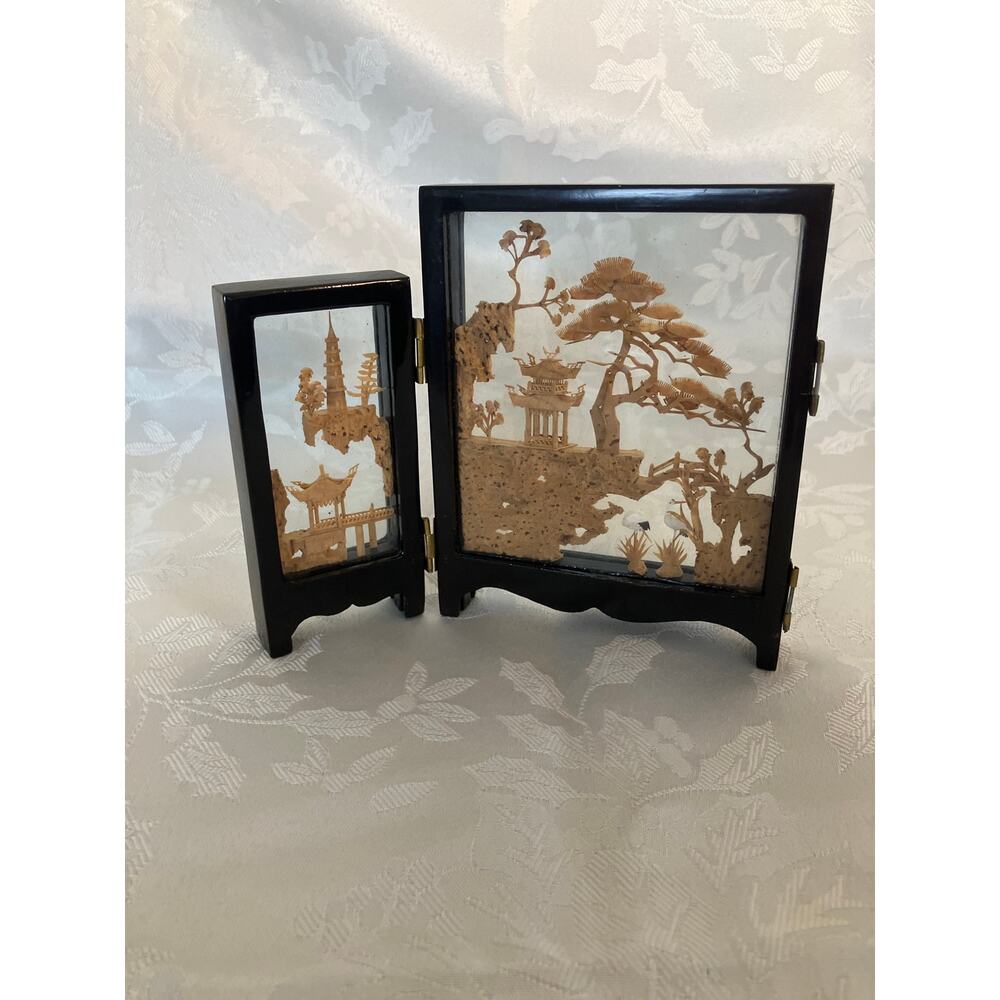 Vintage Chinese Carved Cork Diorama Pagoda Bridge Scene Folding Screen 7x5
